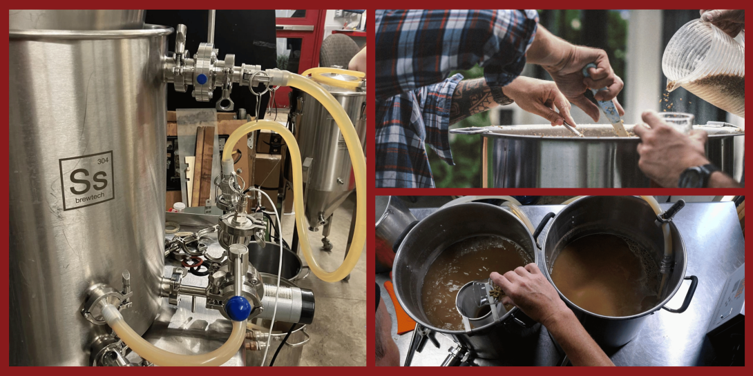 A three-panel image showing professional brewing equipment, including a large stainless steel vat with tubes, and people stirring and pouring grains into pots during the beer-making process.