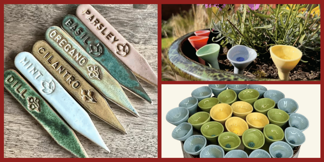 A three-panel image showcasing ceramic garden accessories: the left side displays labeled stakes for various herbs like dill and basil, while the right side shows colorful, bell-shaped bee cups both placed in a potted plant and arranged together in a group.