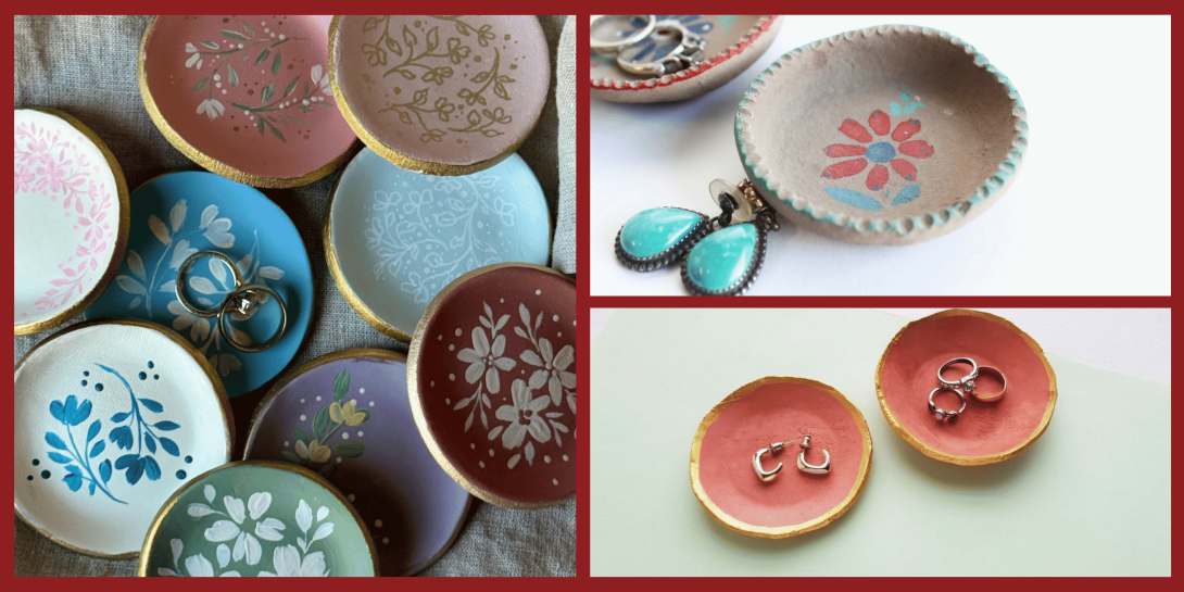 A collage of handmade clay trinket dishes in various colors like pink, blue, and terracotta, featuring delicate hand-painted floral patterns and gold-rimmed edges.