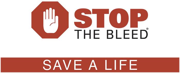 The "STOP THE BLEED" logo features a red octagon with a white hand icon, followed by the phrase "SAVE A LIFE" in white text against a solid red horizontal bar.