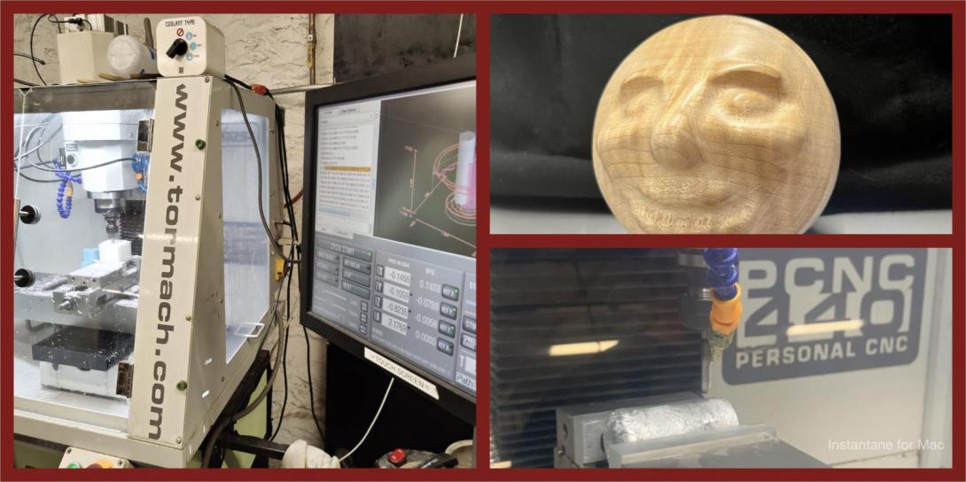 A three-panel image showing a Tormach PCNC 440 milling machine in operation, a computer screen displaying machining coordinates, and a small wooden sphere carved with a human face.