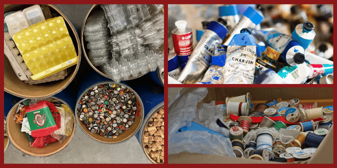 A three-panel image showing sorted recycled materials and art supplies: barrels filled with egg cartons, plastic containers, bottle caps, and corks; a pile of blue and white oil paint tubes; and a box of colorful sewing thread spools.