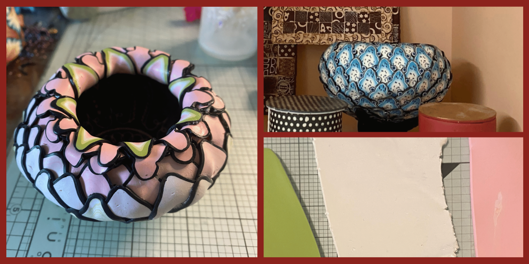A three-panel image showing handmade polymer clay bowls with intricate scalloped patterns in pink and blue, alongside sheets of raw clay on a cutting mat.
