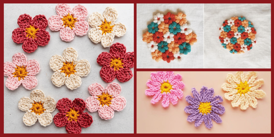 A three-panel image showcasing colorful crochet flowers, including individual five-petal blossoms in pink, cream, and red, as well as clusters of smaller multi-colored flowers arranged in hexagonal and circular patterns.