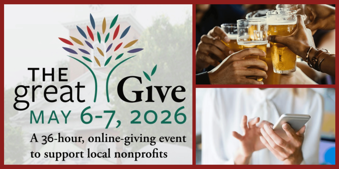 A three-panel image featuring "The Great Give" logo for May 6-7, 2026, a group of people clinking beer glasses, and a person using a smartphone.