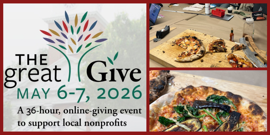 A three-panel image featuring "The Great Give" event flyer for May 6-7, 2026, alongside two photos of homemade pizzas with various toppings on a wooden cutting board.