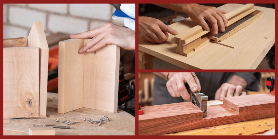 A three-panel image demonstrating woodworking techniques, featuring a person aligning two light-colored boards, hands sliding interlocking wooden joints together, and a close-up of a worker using a hand plane on a reddish-brown timber.