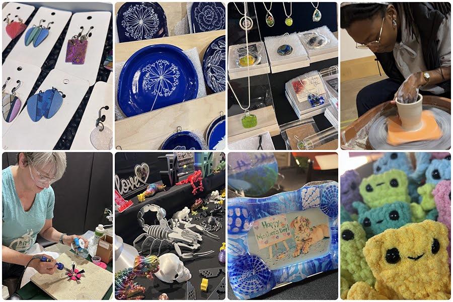 Top Row: Colorful clay or resin earrings; deep blue ceramic plates with white botanical etchings; delicate glass pendant necklaces; and an artist shaping a clay pot on a pottery wheel.  Bottom Row: An artist soldering a small metal piece; a display of 3D-printed figures including a scorpion and a chameleon; a vibrant blue fused-glass frame featuring a dog photo; and a close-up of several small, fuzzy crocheted "worry pet" plushies with friendly faces.
