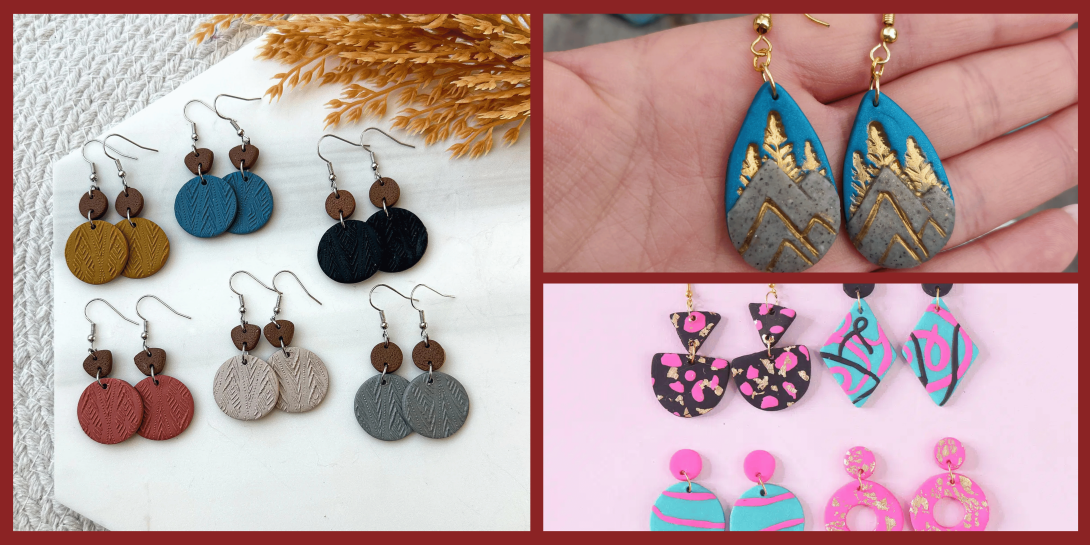 A three-panel image featuring various handmade polymer clay earrings, including textured circular dangles in earthy tones, teardrop-shaped earrings with a gold-leaf mountain landscape, and vibrant geometric studs and dangles in pink and turquoise.