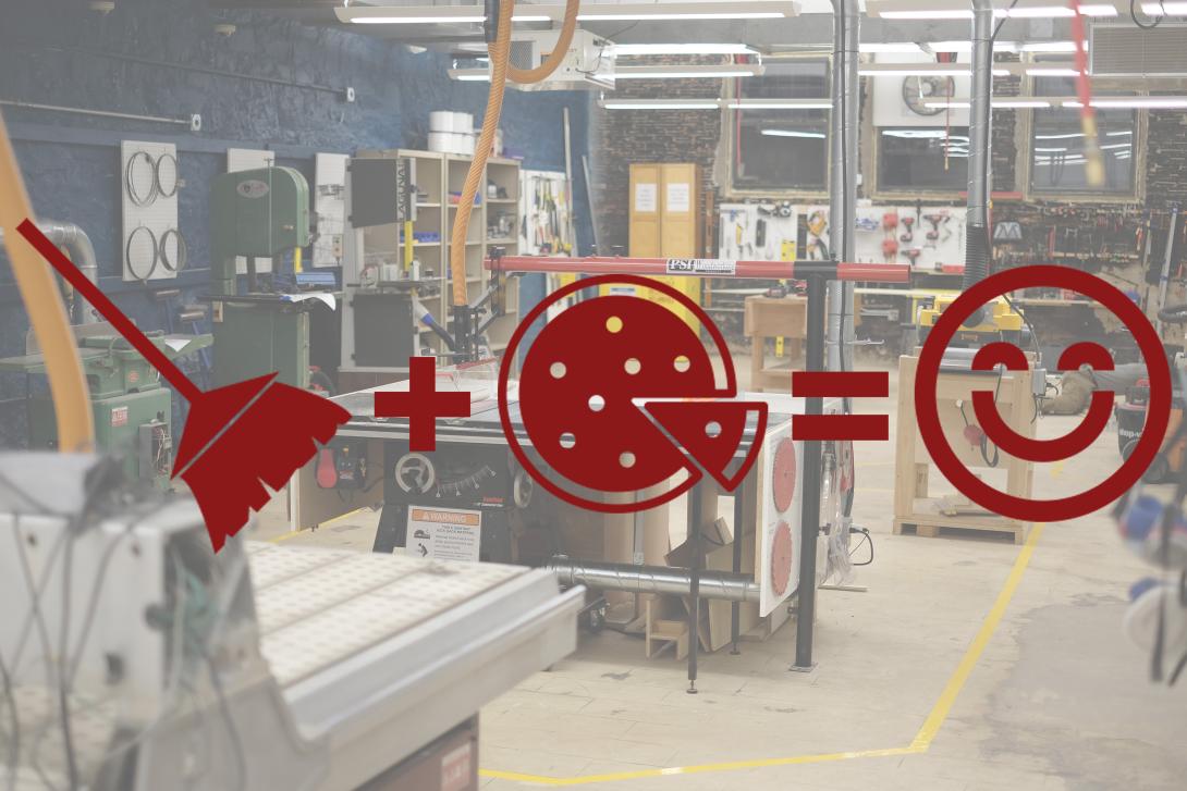 icons of a maroon broom, pizza, and happy face over the image of MakeHaven's woodshop