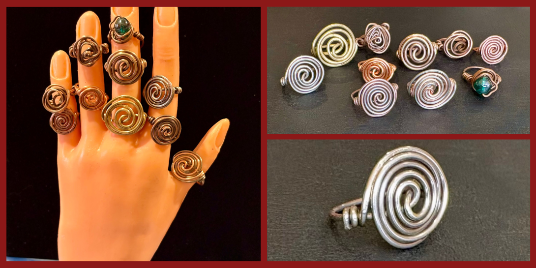 A collage displaying handmade wire-wrapped spiral rings, including a view of multiple rings worn on a mannequin hand and close-ups of individual metal spirals.