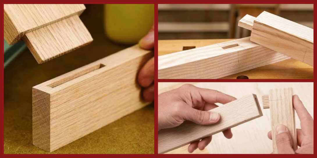 A collage of three images demonstrating mortise and tenon woodworking joints, showing close-ups of fitted wooden pieces and joinery construction.