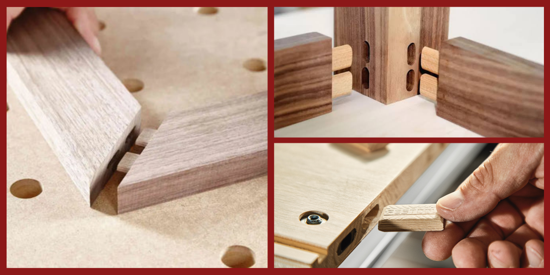A collage of three images demonstrating domino joinery in woodworking, showing mitered pieces with loose tenons, corner connections, and a person holding a wooden Domino dowel.