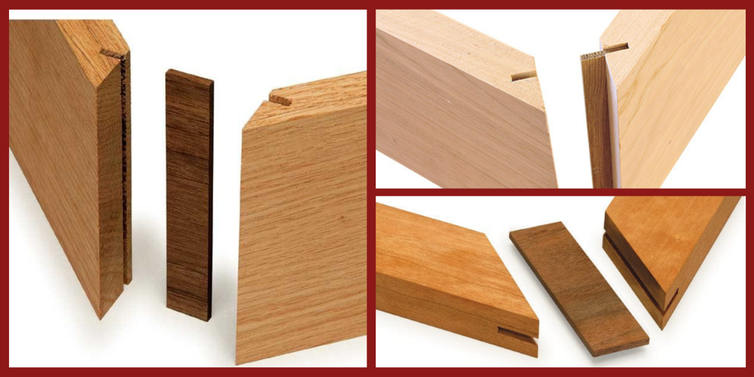 A collage of three images demonstrating spline joinery in woodworking, showing mitered wooden boards with slots and a flat wooden spline insert.