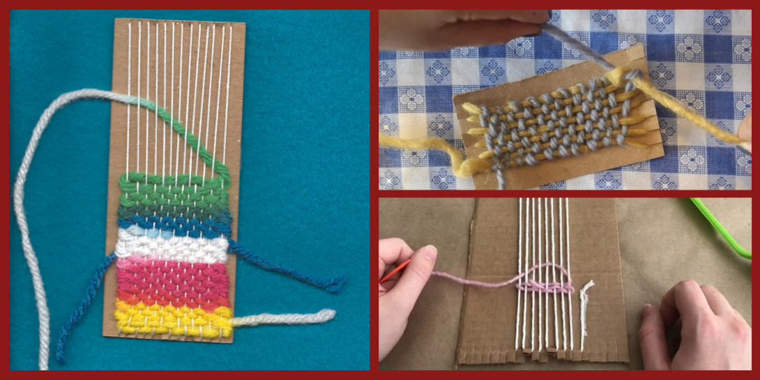 Collage of three photos showing yarn weaving on small cardboard looms. On the left, colorful yarn is woven through vertical white warp threads, while on the right, hands use needles to weave yarn across two smaller looms.