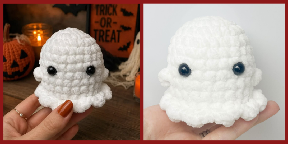 A side-by-side photo showing a small, handmade white crochet ghost plush toy with dark safety eyes, with Halloween decor in the background on the left and a close-up on a hand on the right.
