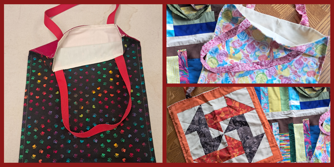 A photo collage displaying handmade fabric tote bags, featuring colorful paw print patterns and pieced patchwork designs.