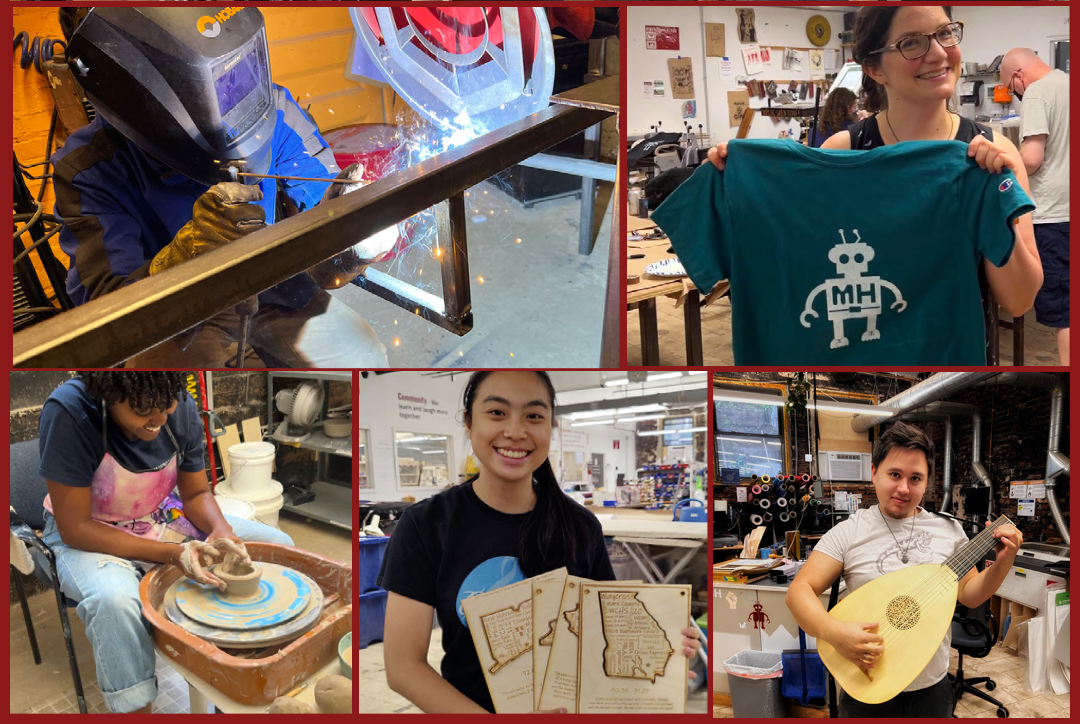 A photo collage showcasing various makerspace activities, including welding metal, holding a custom printed t-shirt, shaping clay on a pottery wheel, displaying laser engraved wooden art, and holding a handcrafted lute.