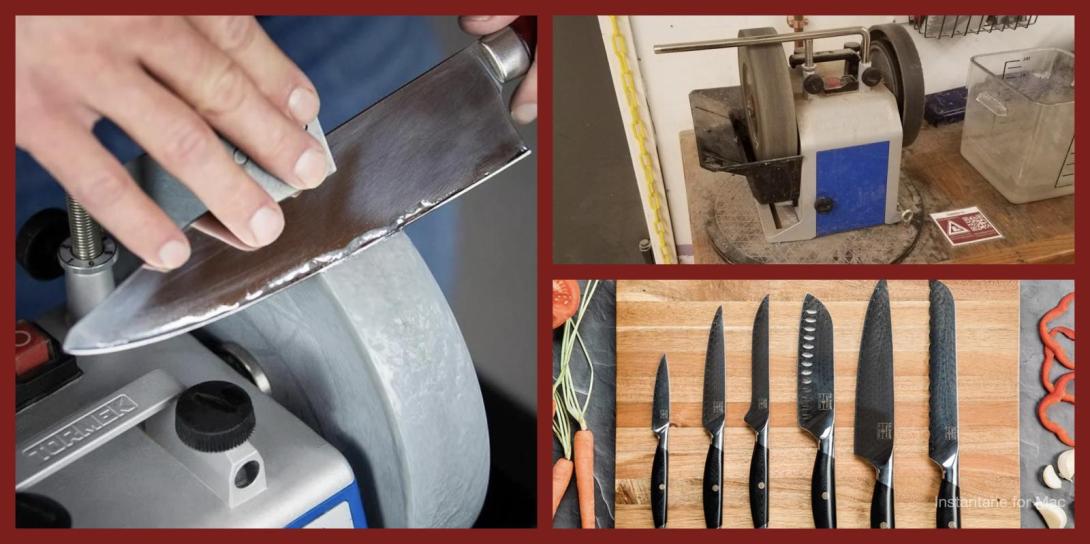 Three Images: One of a Tormak sharpener, one of a set of sharp knives, one of someone sharpening a knife on a Tormak.