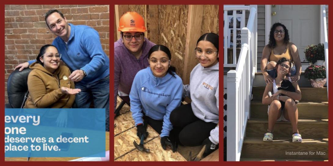 Three images of people working on a house build.