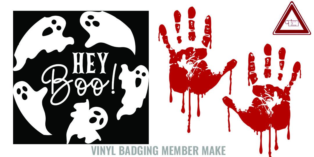 The image on the left features five playful cartoon ghosts around the phrase "Hey Boo!" in a fun, curly font, set against a black background. On the right, there are two large, realistic, red, bloody handprints with drips, creating a spooky, horror-themed effect; a small vinyl badge sign with a triangular shape appears in the upper corner.