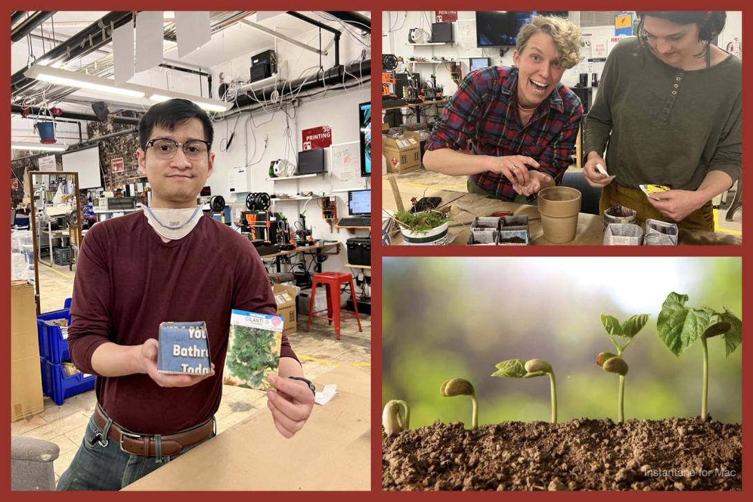 This three-image collage captures a lively seed and soil swap event in a makerspace. The left image features a young man in glasses and a maroon shirt holding up a cilantro seed packet and a small biodegradable planter, while the top-right image shows two smiling participants enthusiastically preparing soil and seeds in handmade newspaper pots. The bottom-right image is a close-up of sprouting seedlings emerging from the soil, symbolizing the growth and creativity fostered at the event.