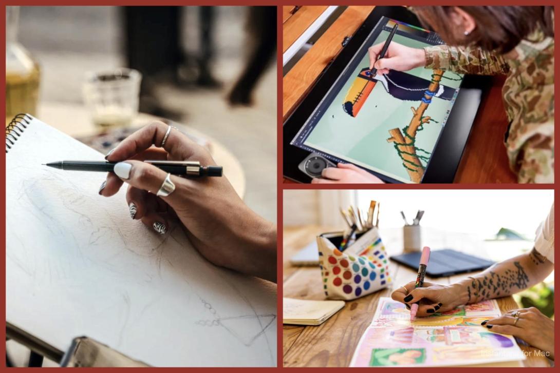 This collage features three scenes of artistic creation. On the left, a hand sketches a pencil portrait in a notebook; the top right shows someone using a stylus to draw a colorful toucan on a digital tablet; the bottom right displays a person coloring a vibrant scene in a sketchbook with a pink marker, surrounded by art supplies.