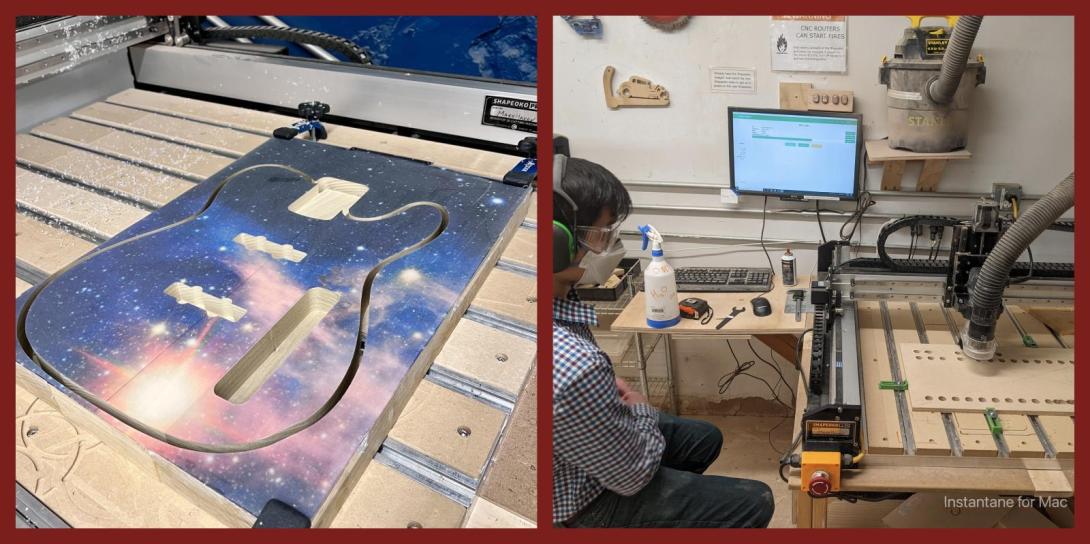 1 image of a guitar body cut out of a night sky patterned wood, 1 image of the full machine