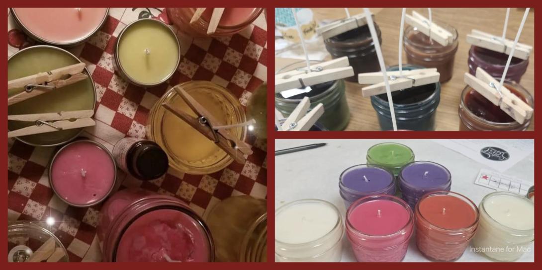 3 images of soy candles in small glass jars, both candles and jars are an assortment of cheerful colors