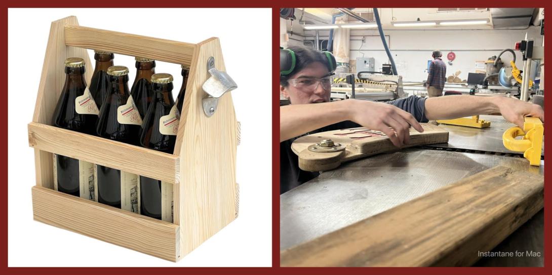1 image of a wooden caddy for 6 bottles. 1 image of a person measuring the height of the jointer (a machine)