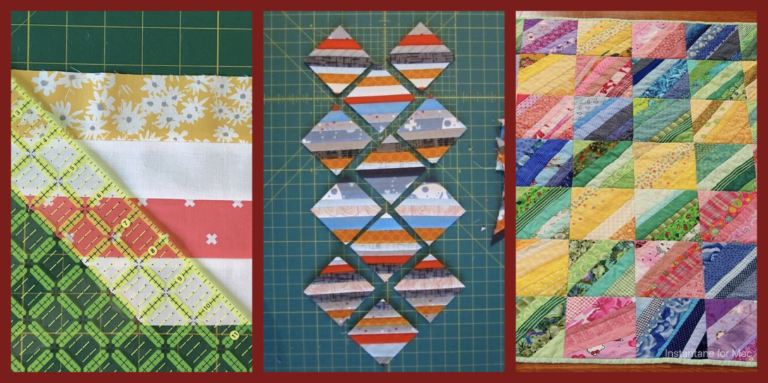 Three images show stages of quilting: fabric strips being measured and cut (left), diamond-shaped pieces laid out in a pattern (center), and a finished quilt made of colorful diagonal strip blocks (right).
