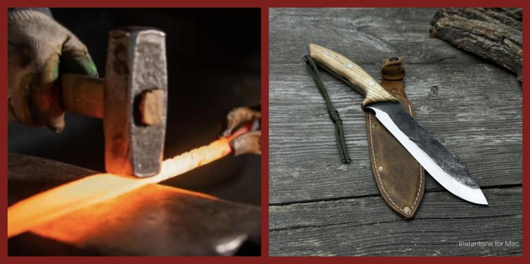 A hot piece of metal being shaped on an anvil (left), a finished knife on top of a sheath (right)