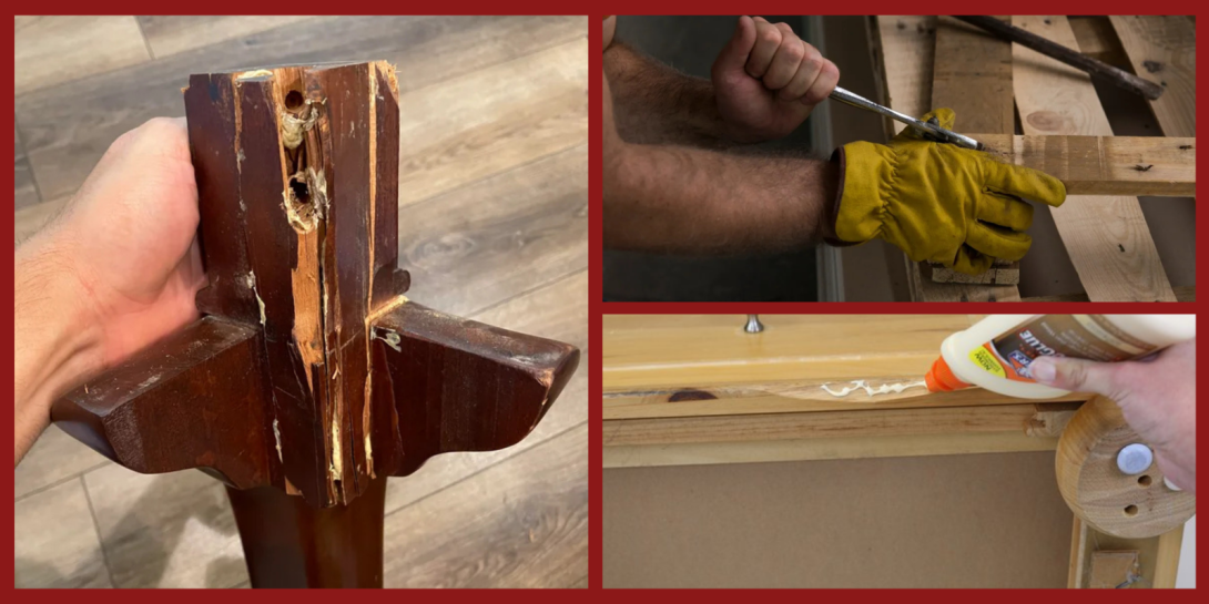 A collage showing furniture repair in progress: the left image shows a close-up of a damaged wooden table leg with splintered wood and stripped screw holes; the top right shows hands using a screwdriver to disassemble wood; the bottom right shows wood glue being applied to a joint for repair.