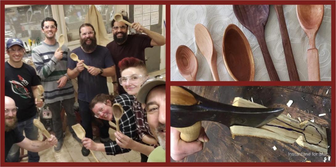 A collage showing a spoon carving class: a smiling group of participants proudly display their hand-carved wooden spoons (left), close-up images show finished spoons of different wood types (top right), and an axe beginning to carve a spoon shape from a wood blank (bottom right).