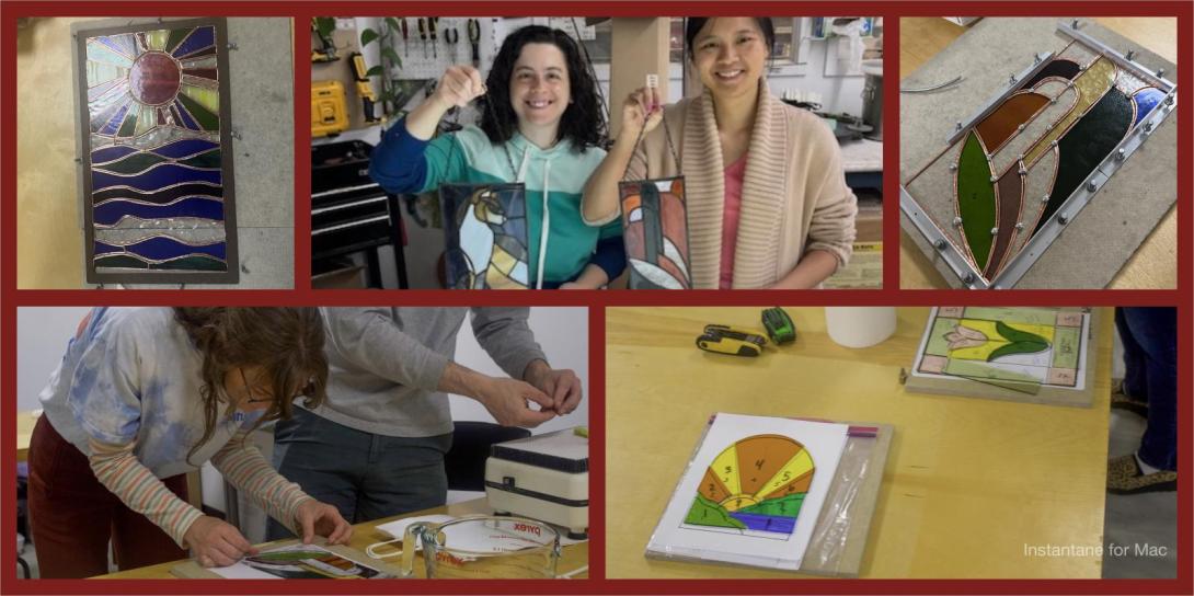 A collage showing stained glass art in progress: completed panels with sun, wave, and abstract designs (top left and top center), students proudly holding their finished pieces (top center), and various stages of layout and assembly using glass pieces and pattern guides (bottom and top right).