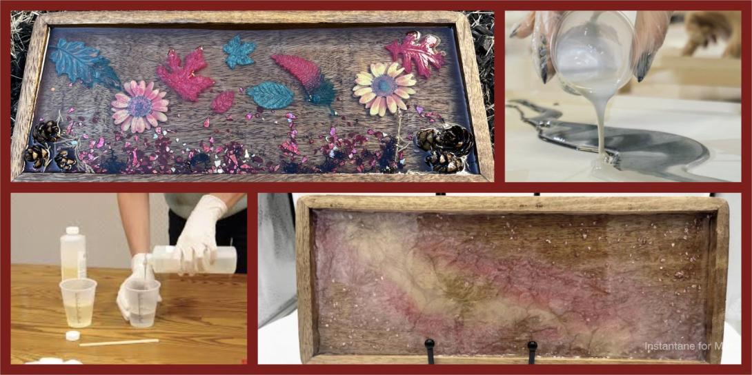 A collage showing resin tray art: two wooden trays display embedded flowers, leaves, and glitter (top left and bottom right), while the top right and bottom left images show hands mixing and pouring resin during the crafting process.
