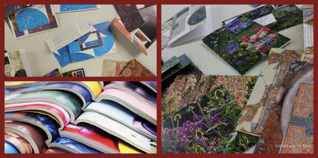 3 colorful images of recycled paper and magazines, repurposed into small cards
