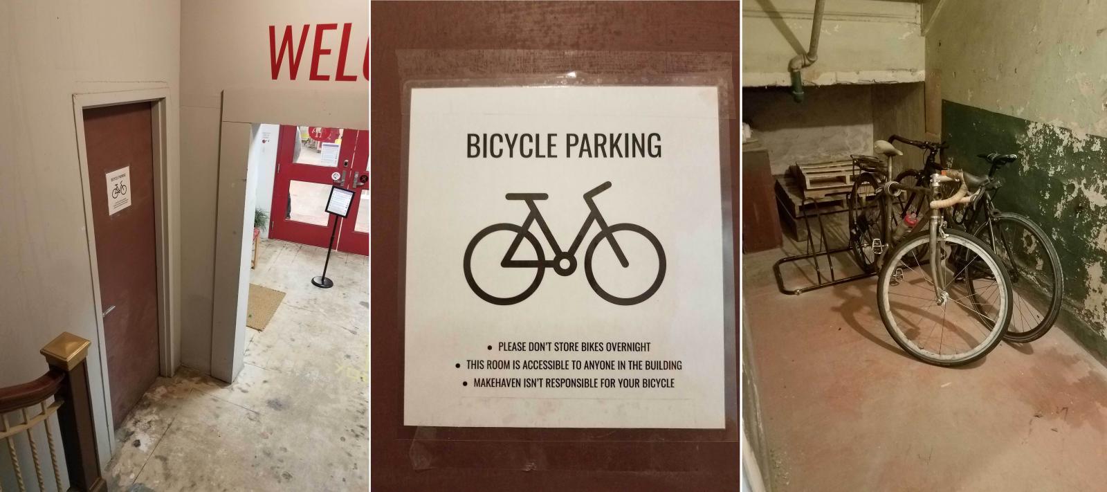 Photos of the bike storage room and bike storage rules at MakeHaven