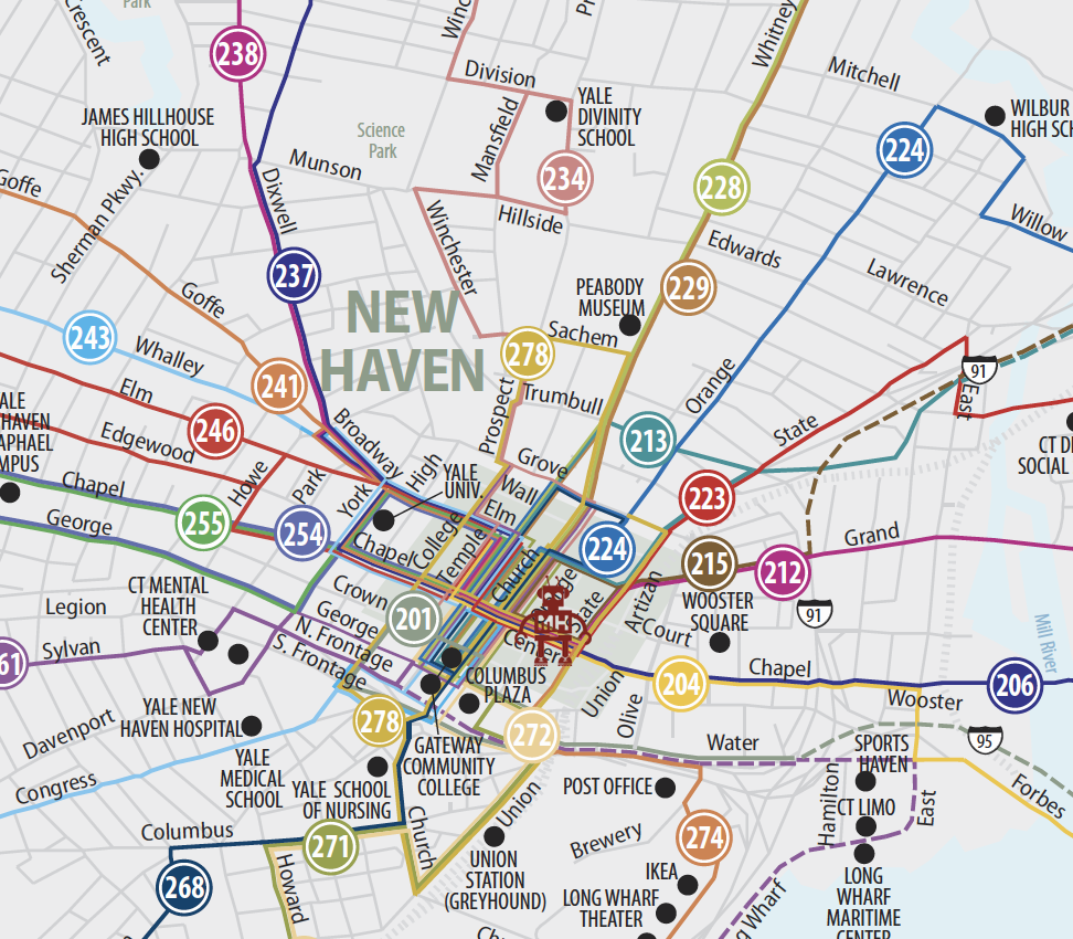 New Haven bus route map showing MakeHaven's location at 770 Chapel St. 06510