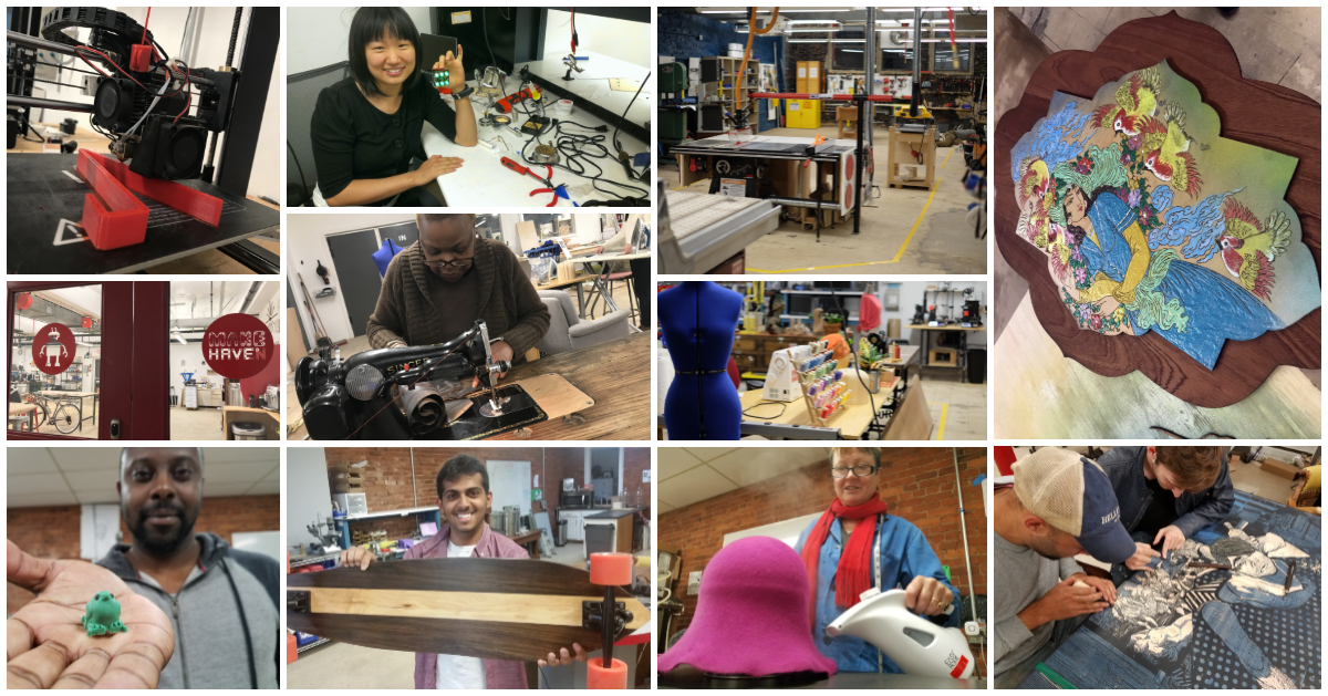 a collage of people working in MakeHaven's makerspace, using 3D printers, sewing machines, electronics bench and the woodshop
